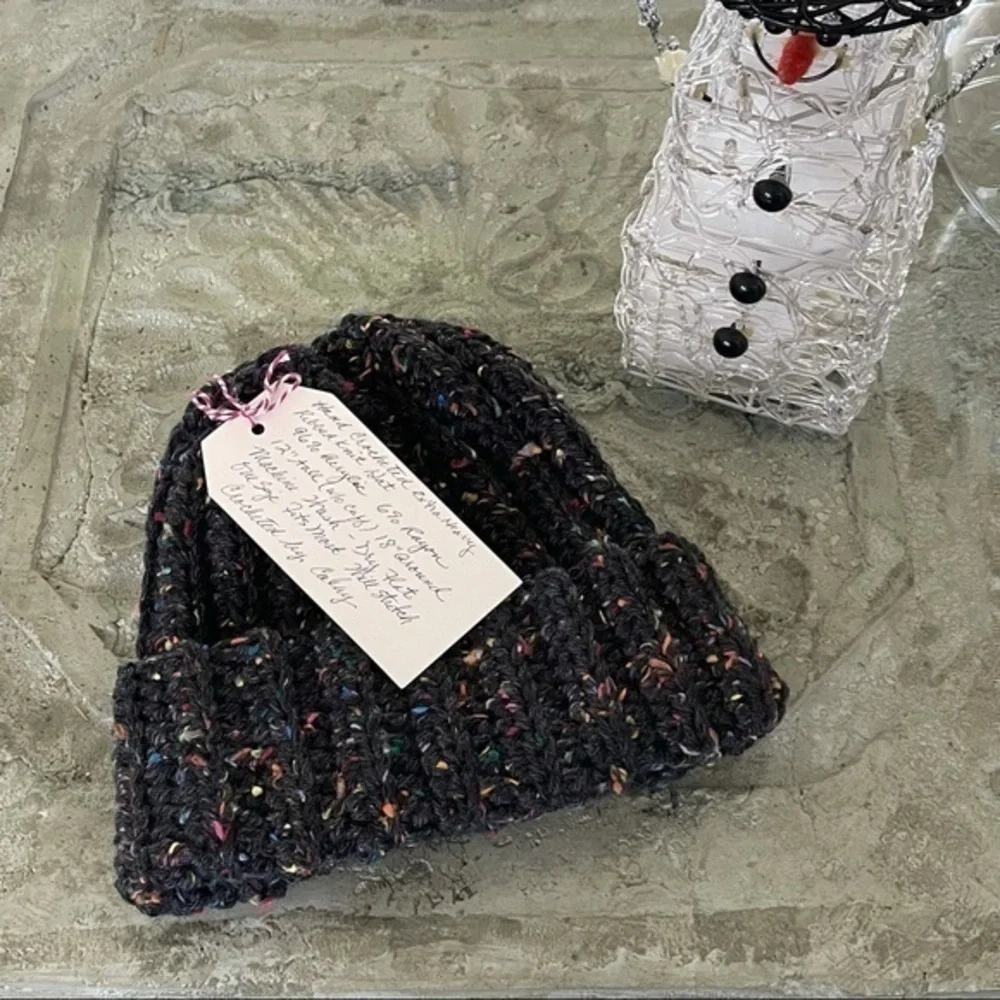 Handmade Warm Chunky Cable Crochet Ribbed Hat Charcoal Speckle Beanie Women Men